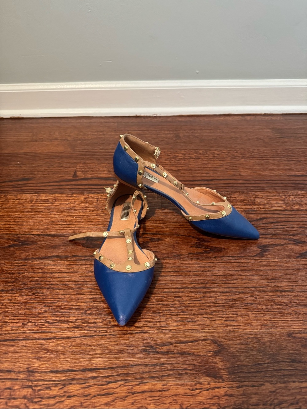 Blue Pointed Toe Studded Ankle Strap Flats